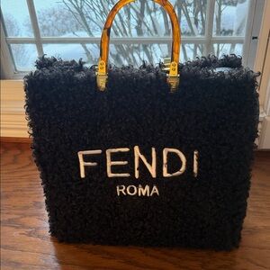 Fendi Black Shearling Tote with Gold Accents